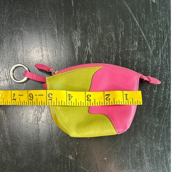 ILI Leather- mini keychain wallet pouch- green hot pink- lady silhouette- zips - Picture 4 of 6